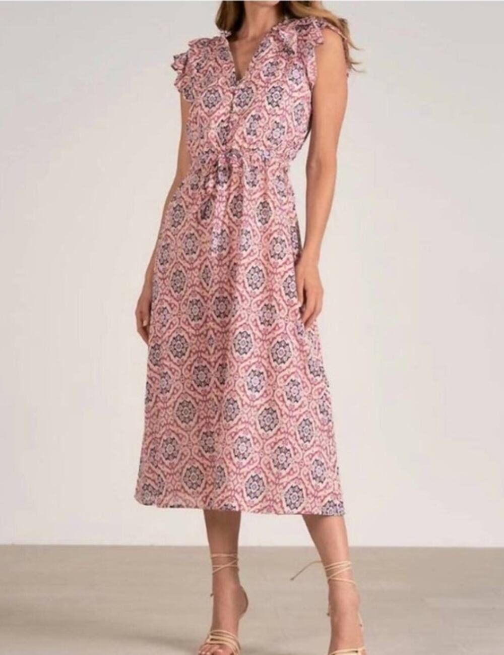 Elan Cotton Ikat Printed Midi Dress Ruffle Sleeve Medium